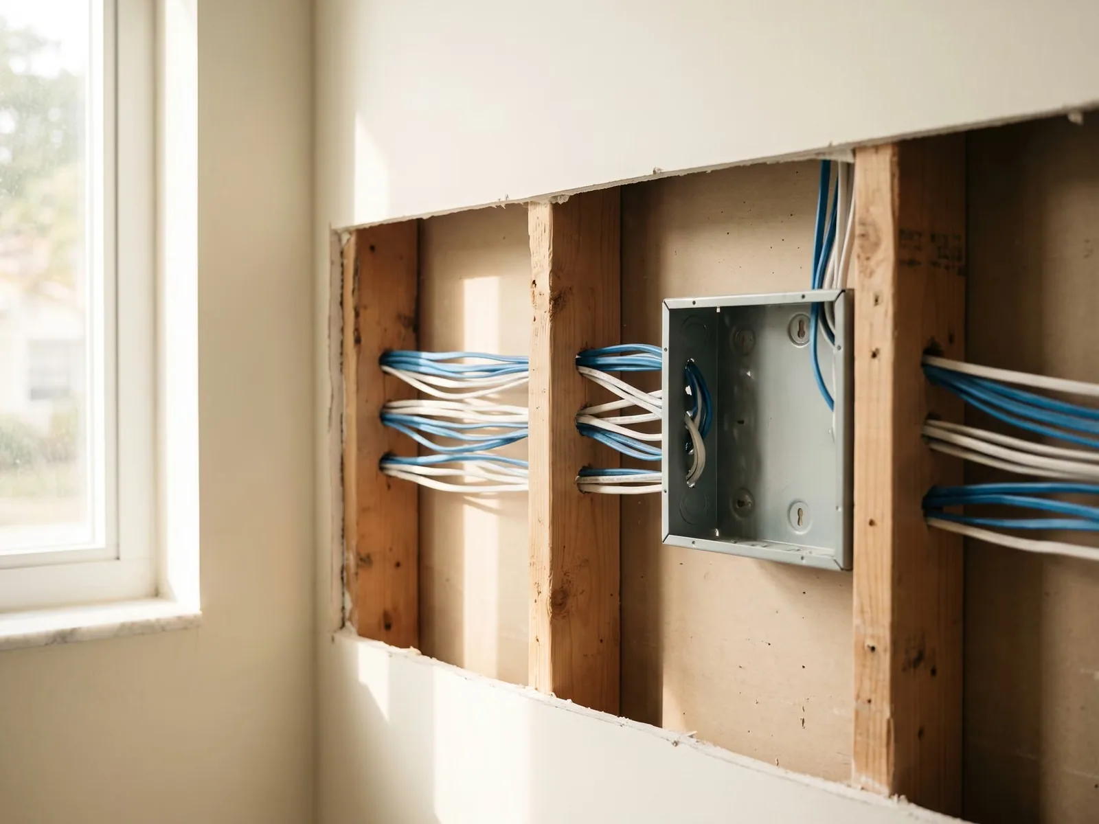 Bundled low-voltage cabling inside an open wall during a home renovation.