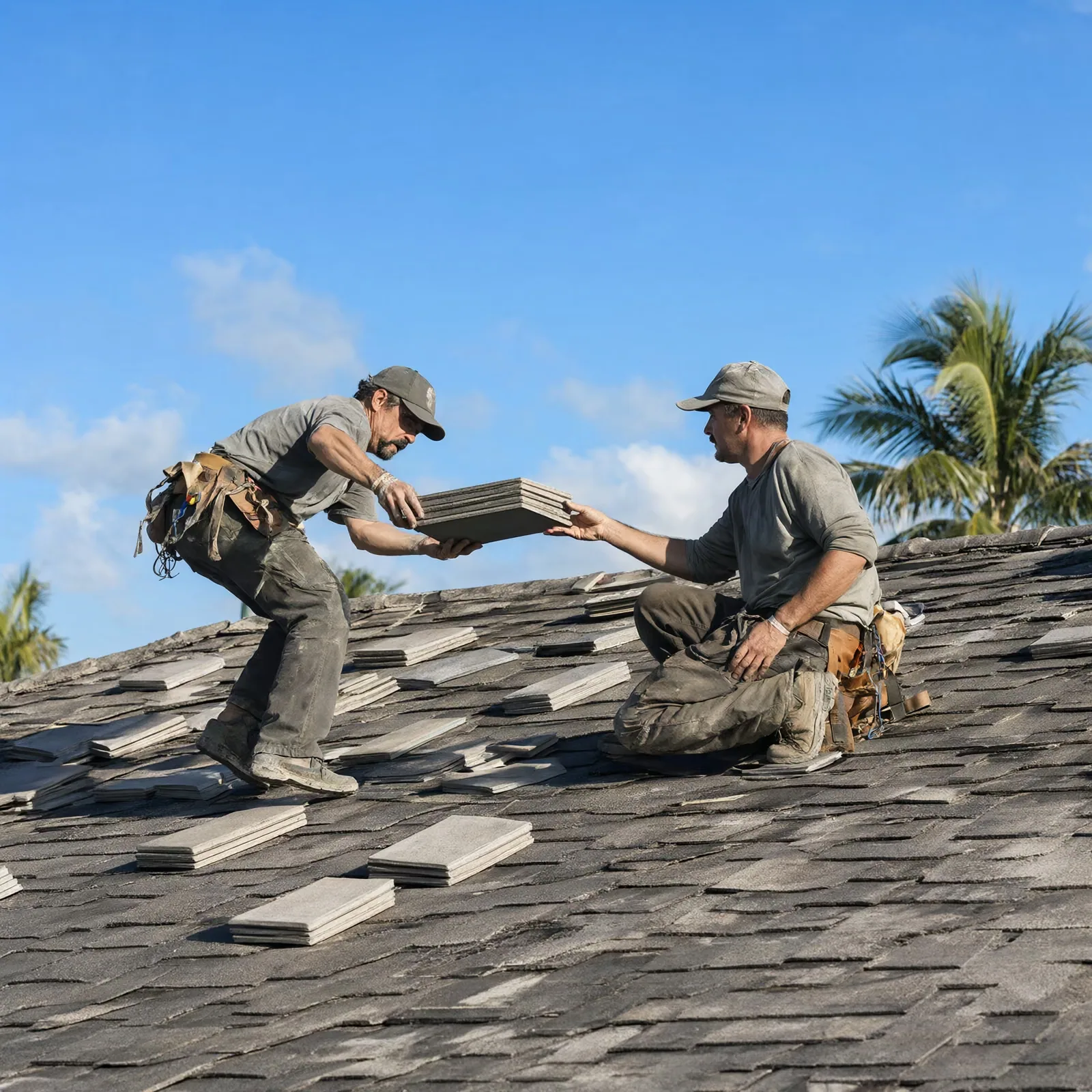 Two roofers passing tiles on a sunny South Florida roof.