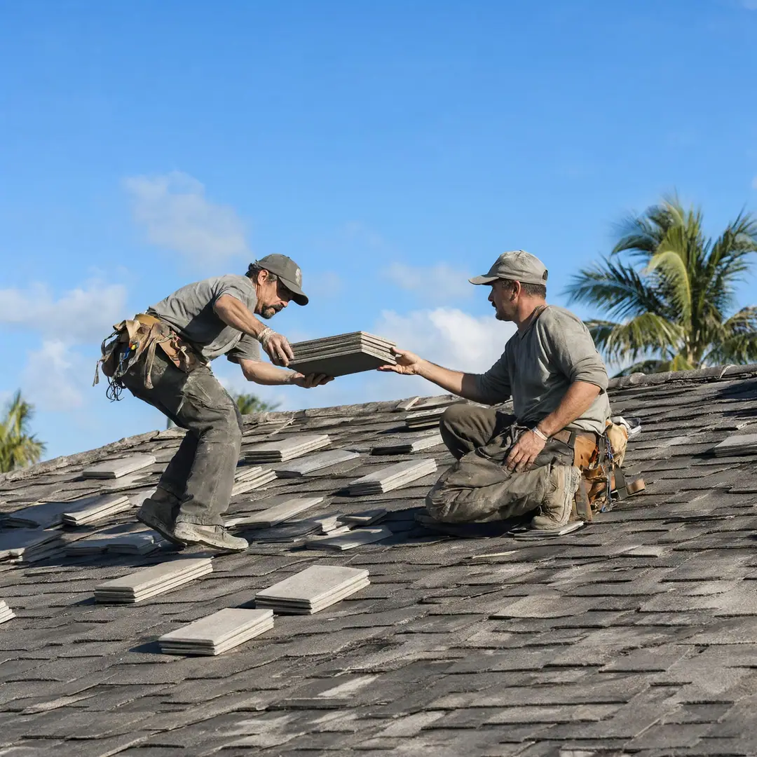 Two roofers passing tiles on a sunny South Florida roof.