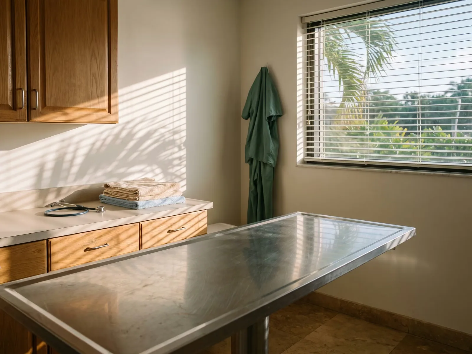 An empty veterinary exam room with an exam table and stethoscope in afternoon light.