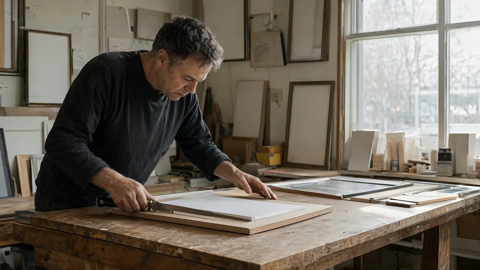 A framer cutting mount board at his work table.