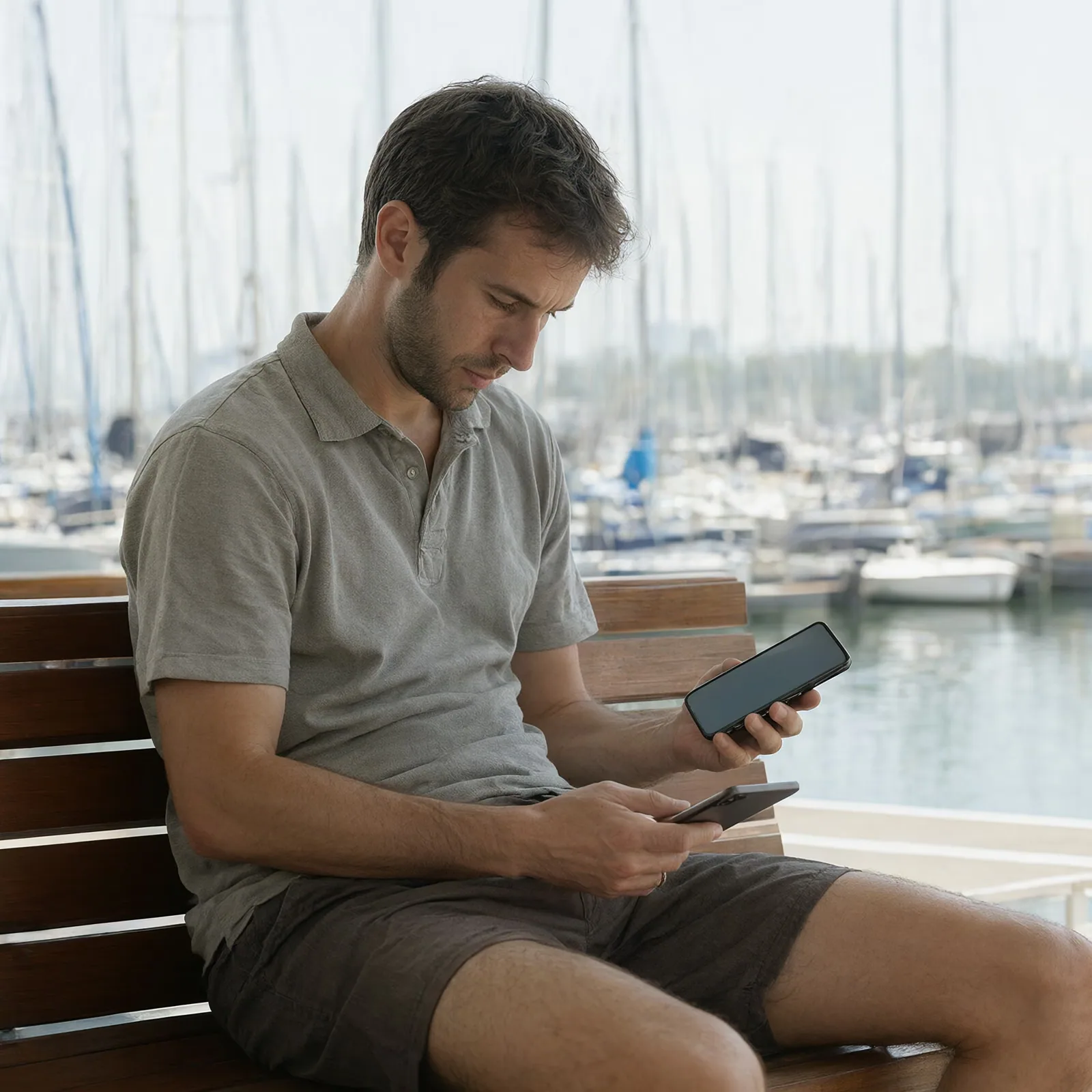 A person on a marina bench looking at their phone, with boats blurred in the background.