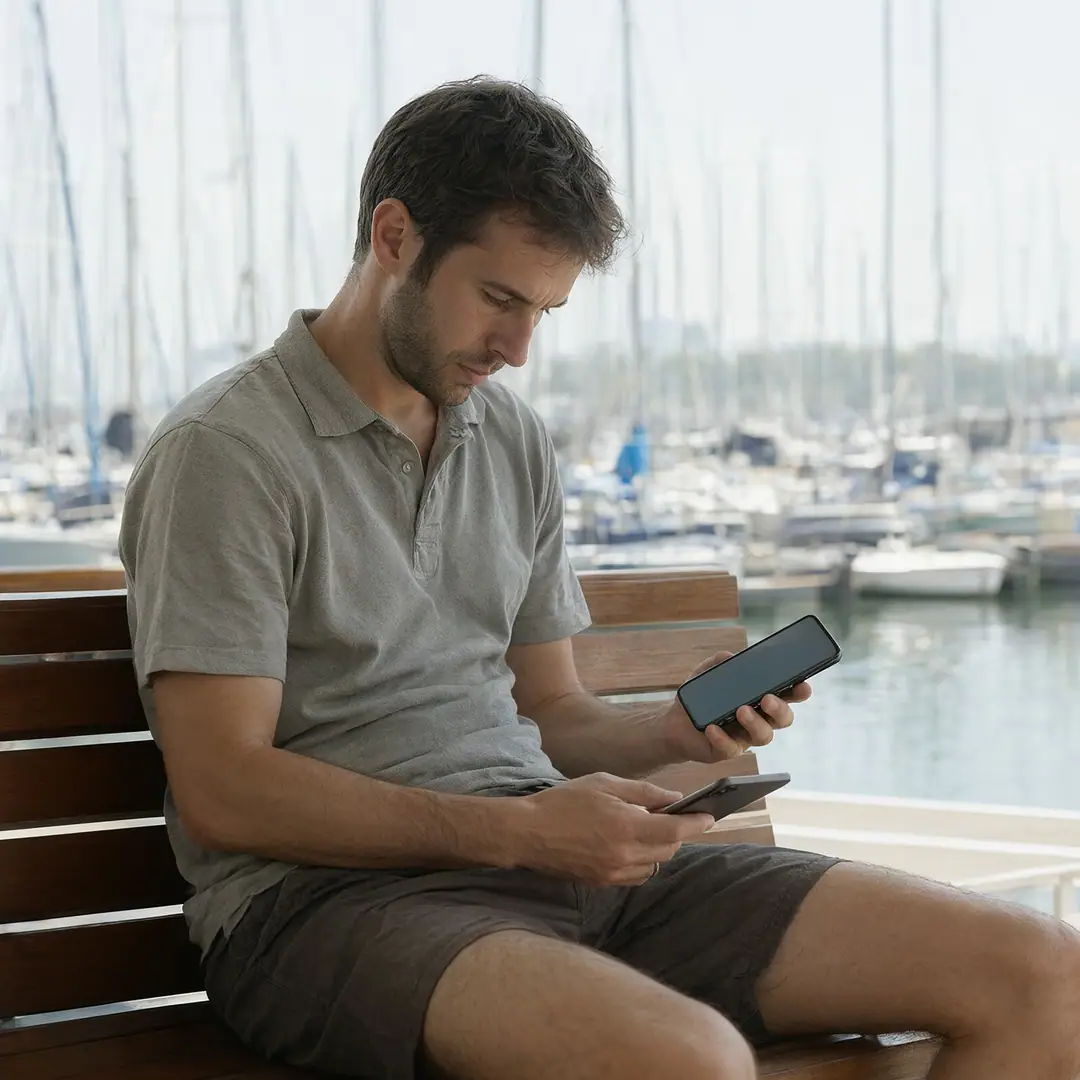 A person on a marina bench looking at their phone, with boats blurred in the background.