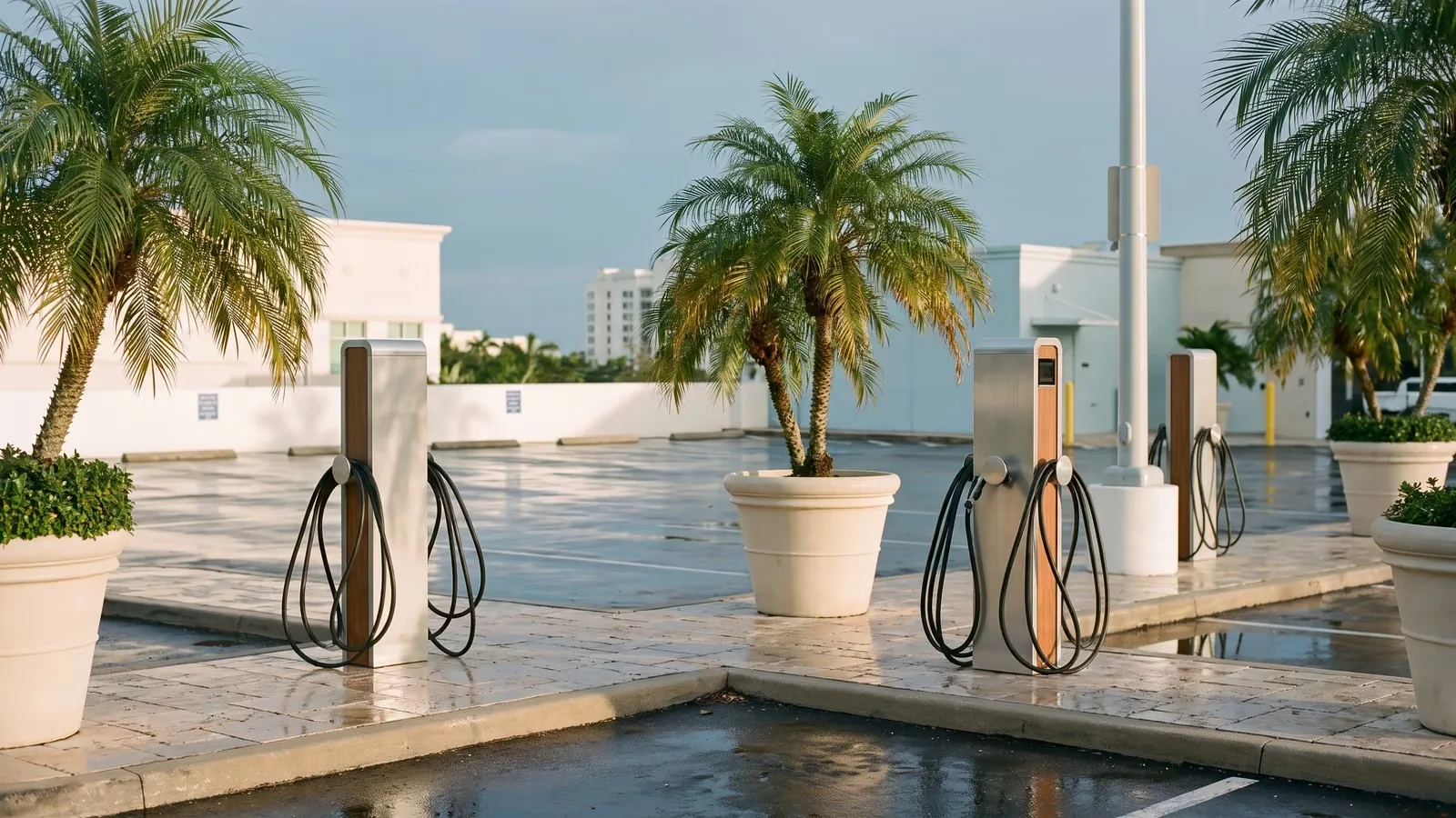 Public electric vehicle chargers in a South Florida parking lot lined with palm trees.