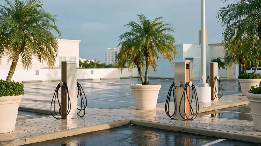 Public electric vehicle chargers in a South Florida parking lot lined with palm trees.