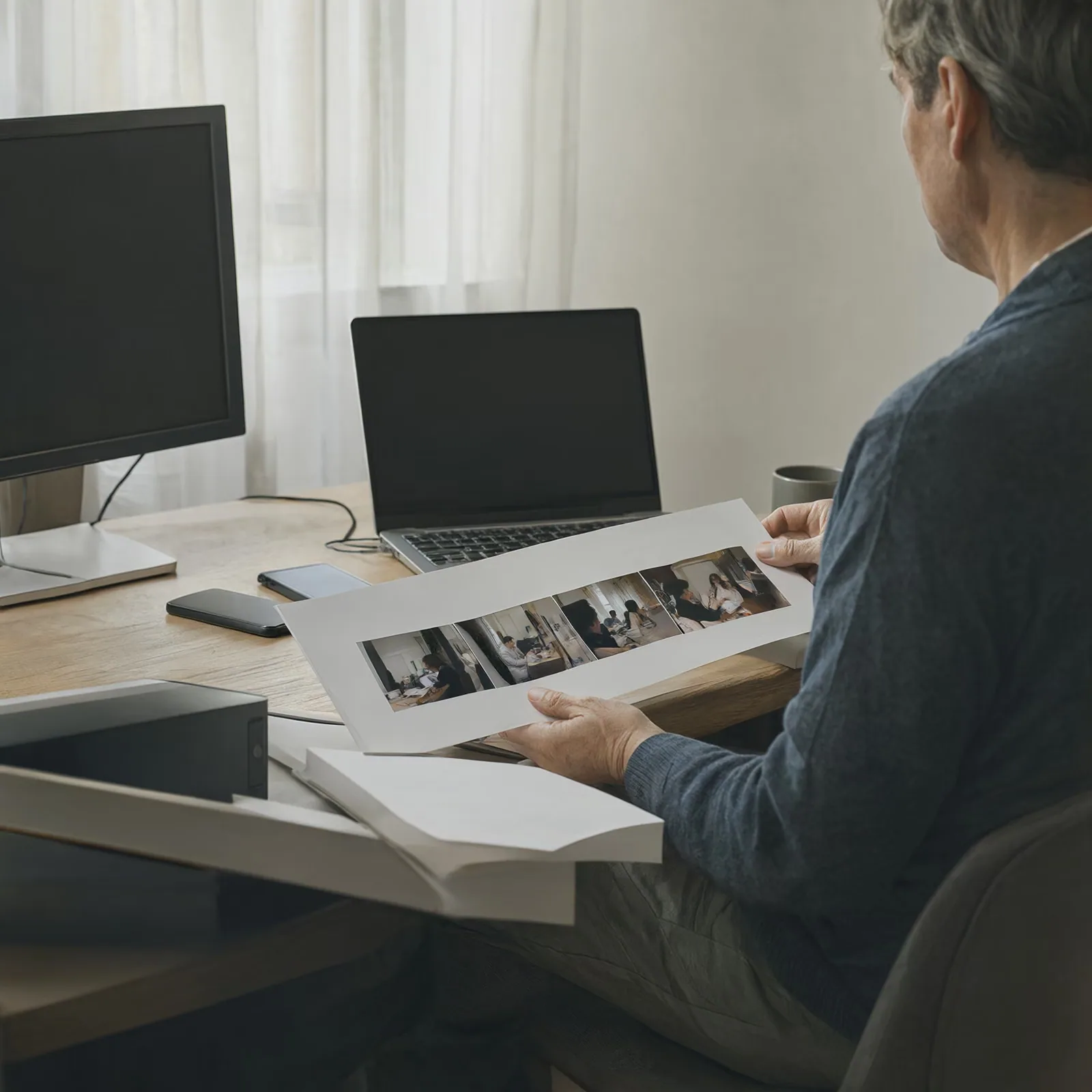 A person at a desk comparing two printed video frames side by side in window light.