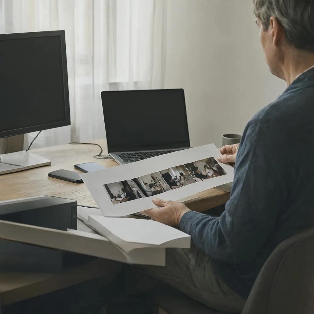 A person at a desk comparing two printed video frames side by side in window light.