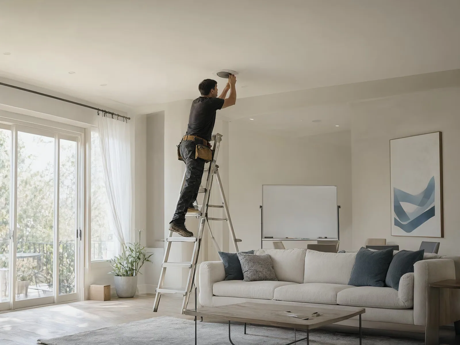 An installer on a stepladder fitting a speaker into the ceiling of a bright living room.
