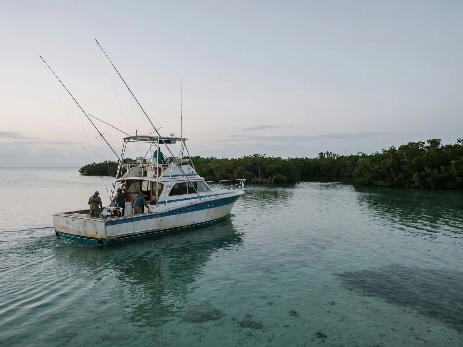 A charter fishing boat heading out from a Florida Keys harbor at dawn.