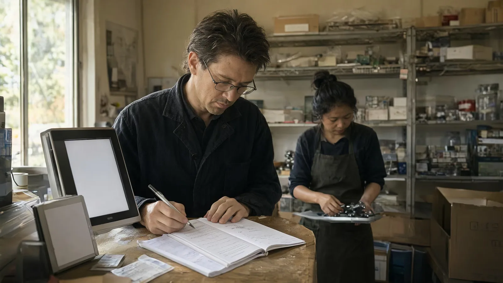 A shop owner reviews a printed page at the service counter while a coworker sorts parts in the background.