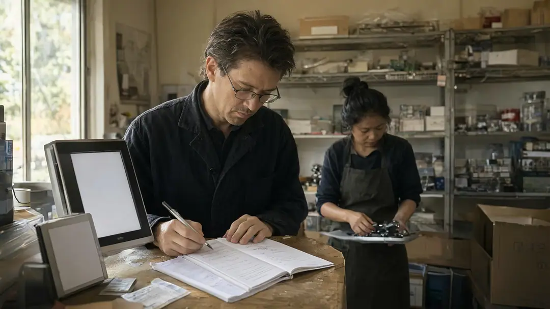 A shop owner reviews a printed page at the service counter while a coworker sorts parts in the background.