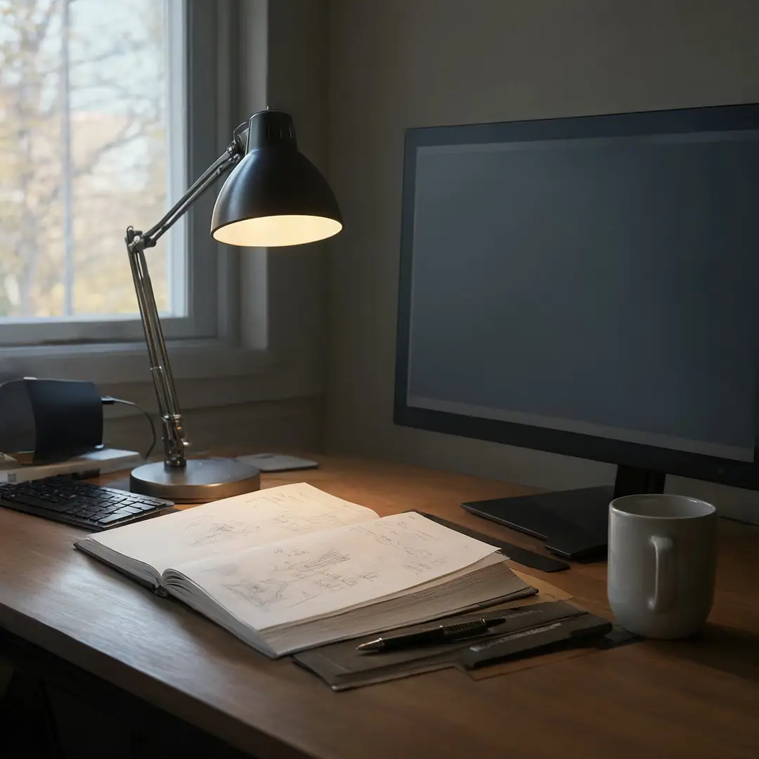 A desk at dusk with a lamp, notebook, mug and keyboard after a day of work.