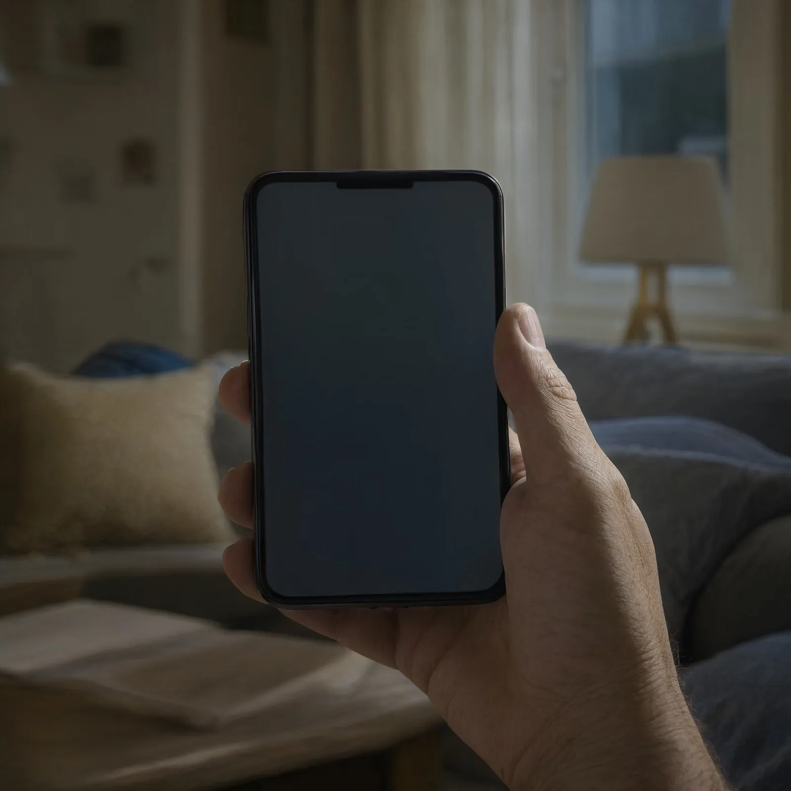 A hand holds a glowing phone in a dim living room at night.