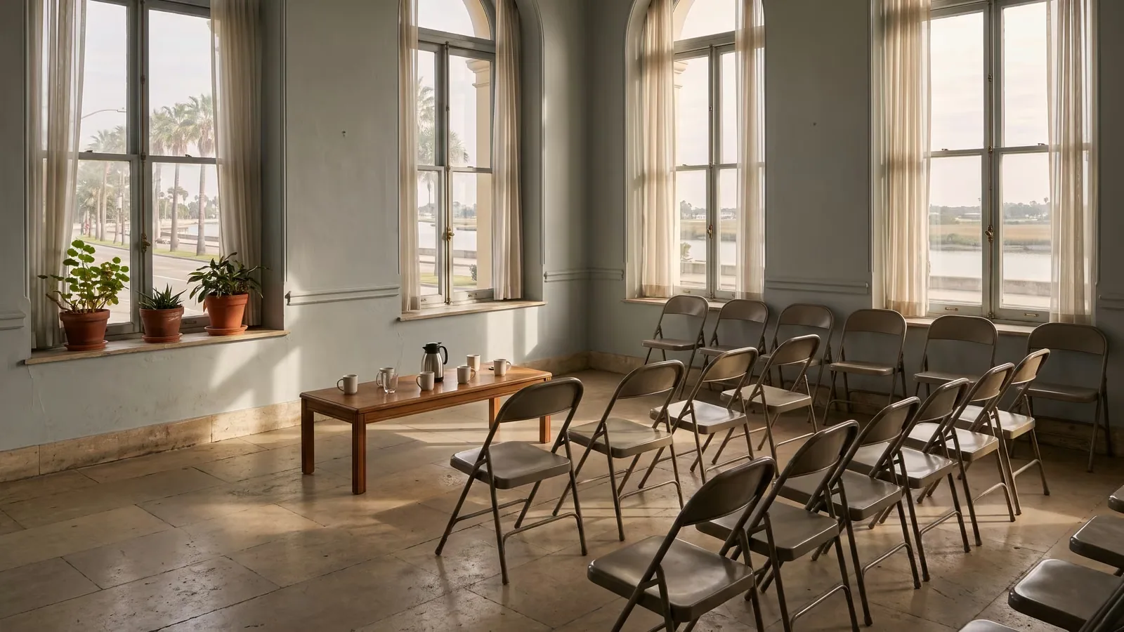 An empty community meeting room with folding chairs set out before a morning gathering in South Florida.