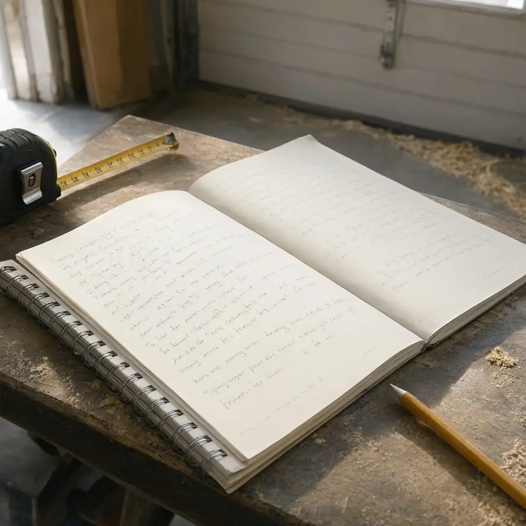 An open notebook with handwritten notes on a workbench next to a tape measure and a pencil.