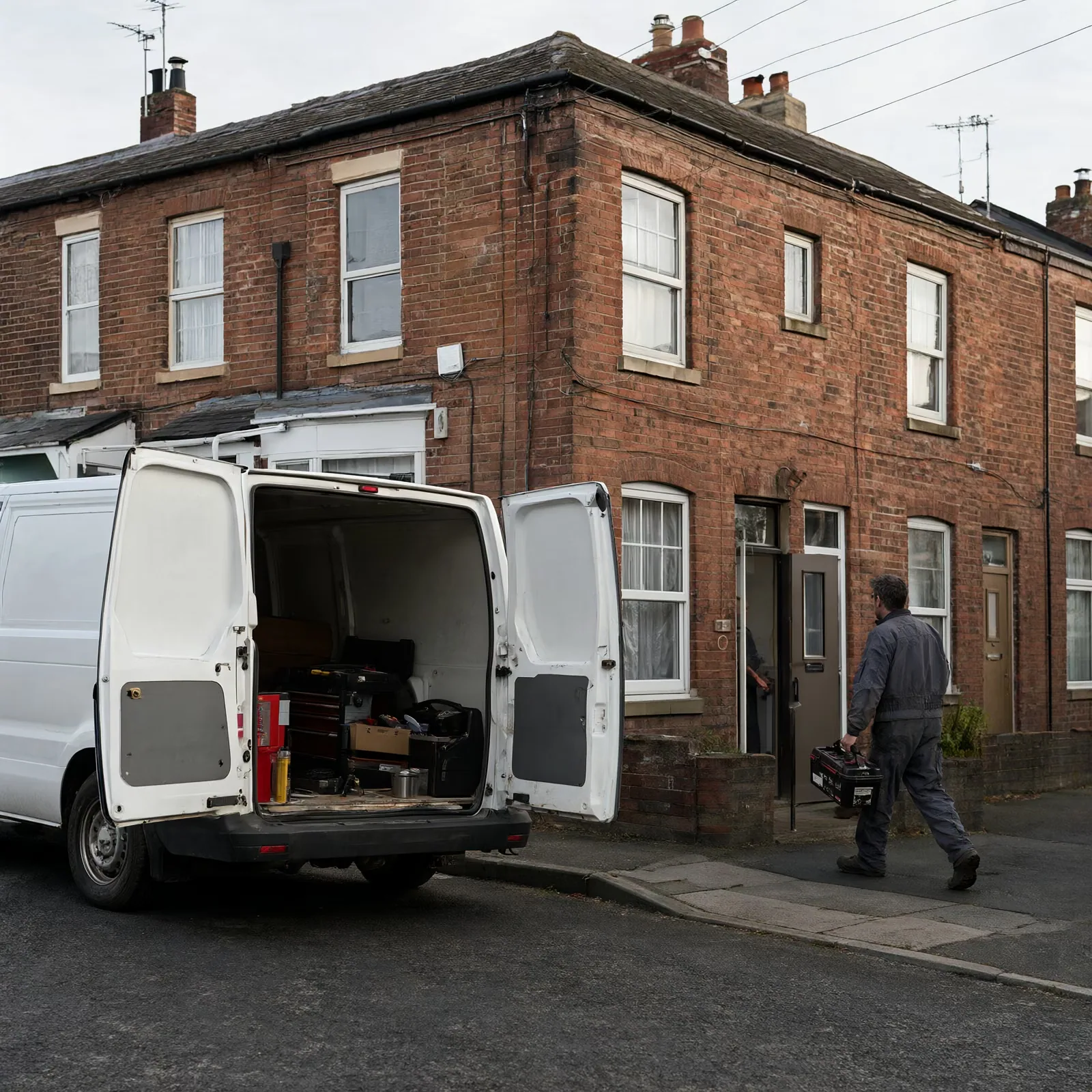 A tradesperson carries a toolbox from a van toward a terraced house on an overcast morning.