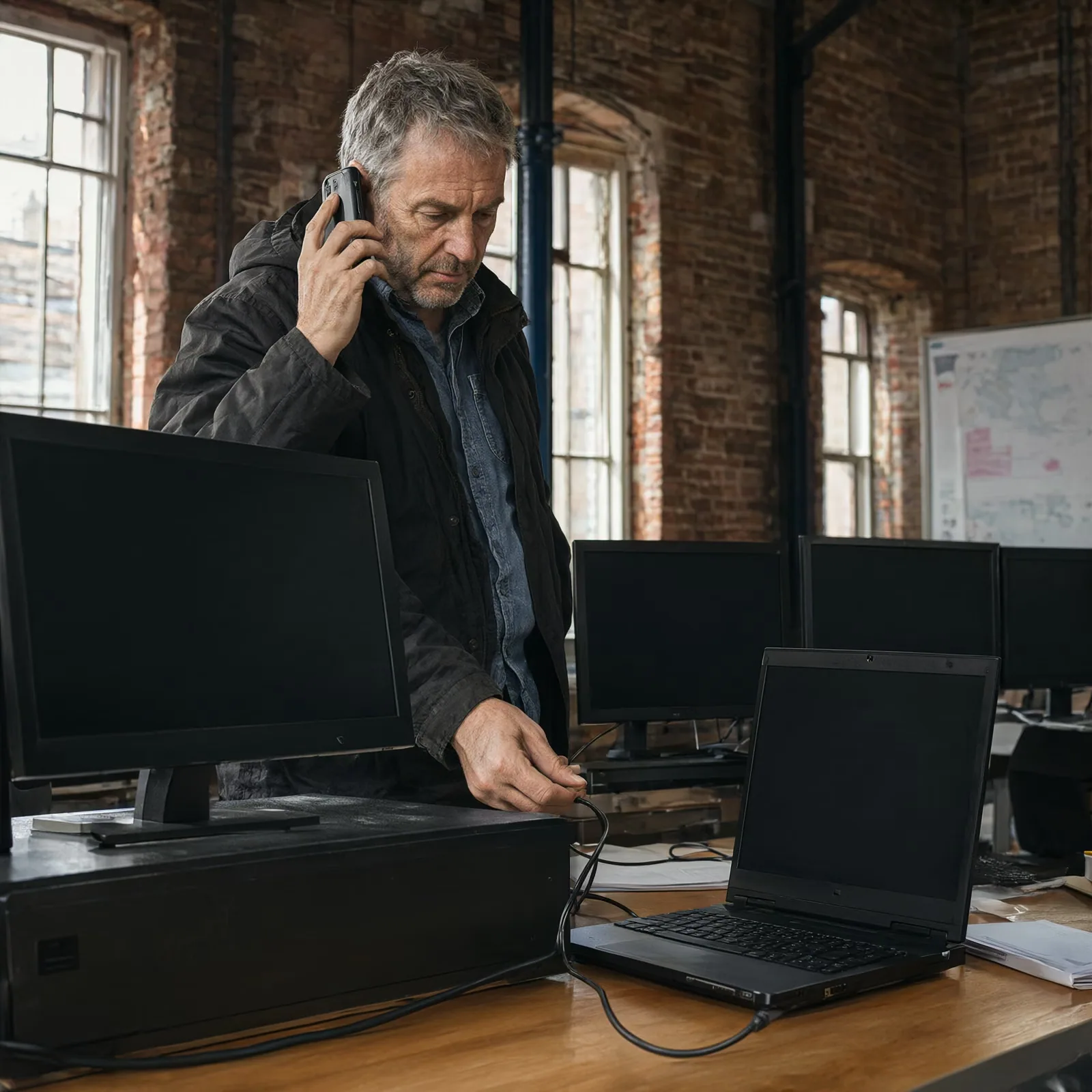 An office owner unplugging his laptop from the network while on a phone call.