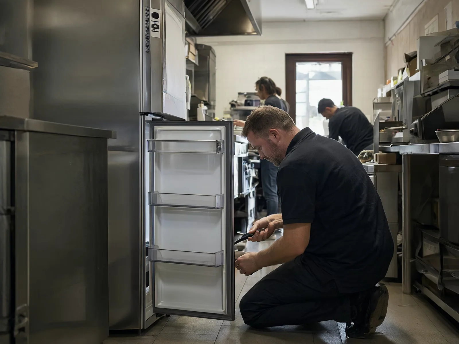 A technician works on an open commercial refrigerator in a restaurant kitchen.