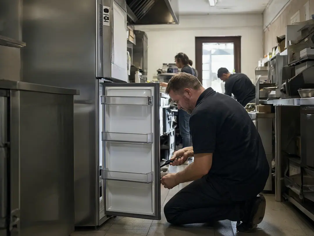 A technician works on an open commercial refrigerator in a restaurant kitchen.