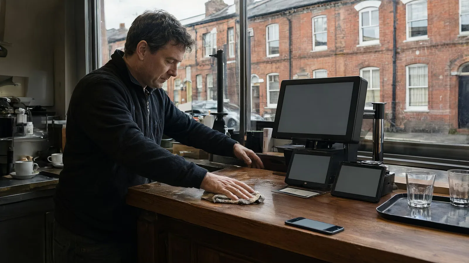 A cafe owner wipes down the counter of a small brick-fronted cafe on an overcast morning.