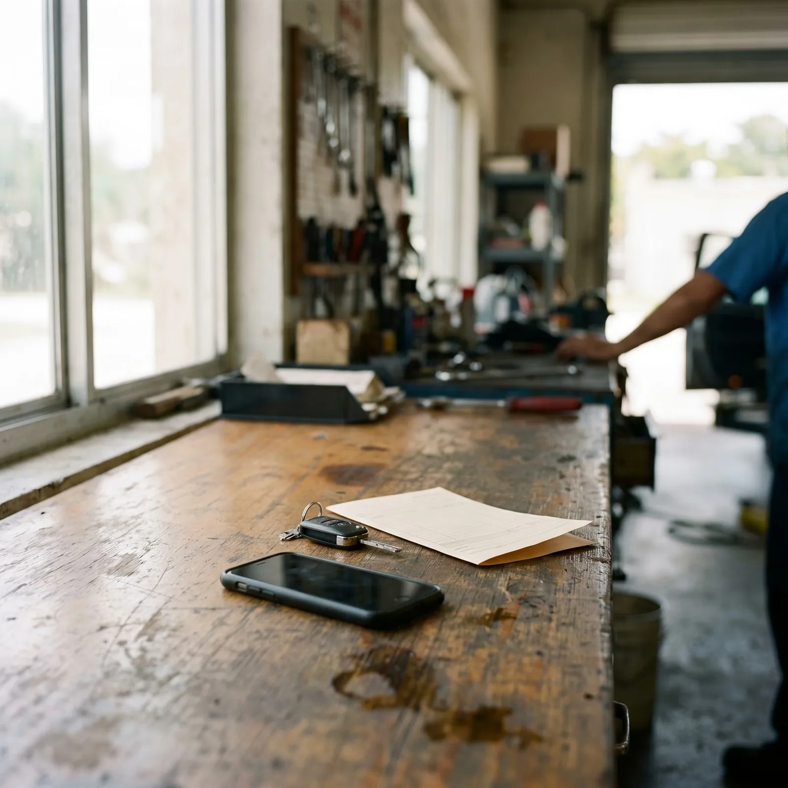 A face-down smartphone, a car key and a folded work order on a repair shop counter in Miami.