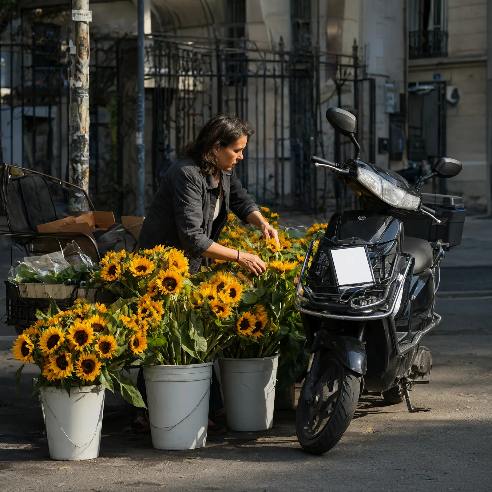 A flower seller arranging sunflowers at her sidewalk stall in the morning.