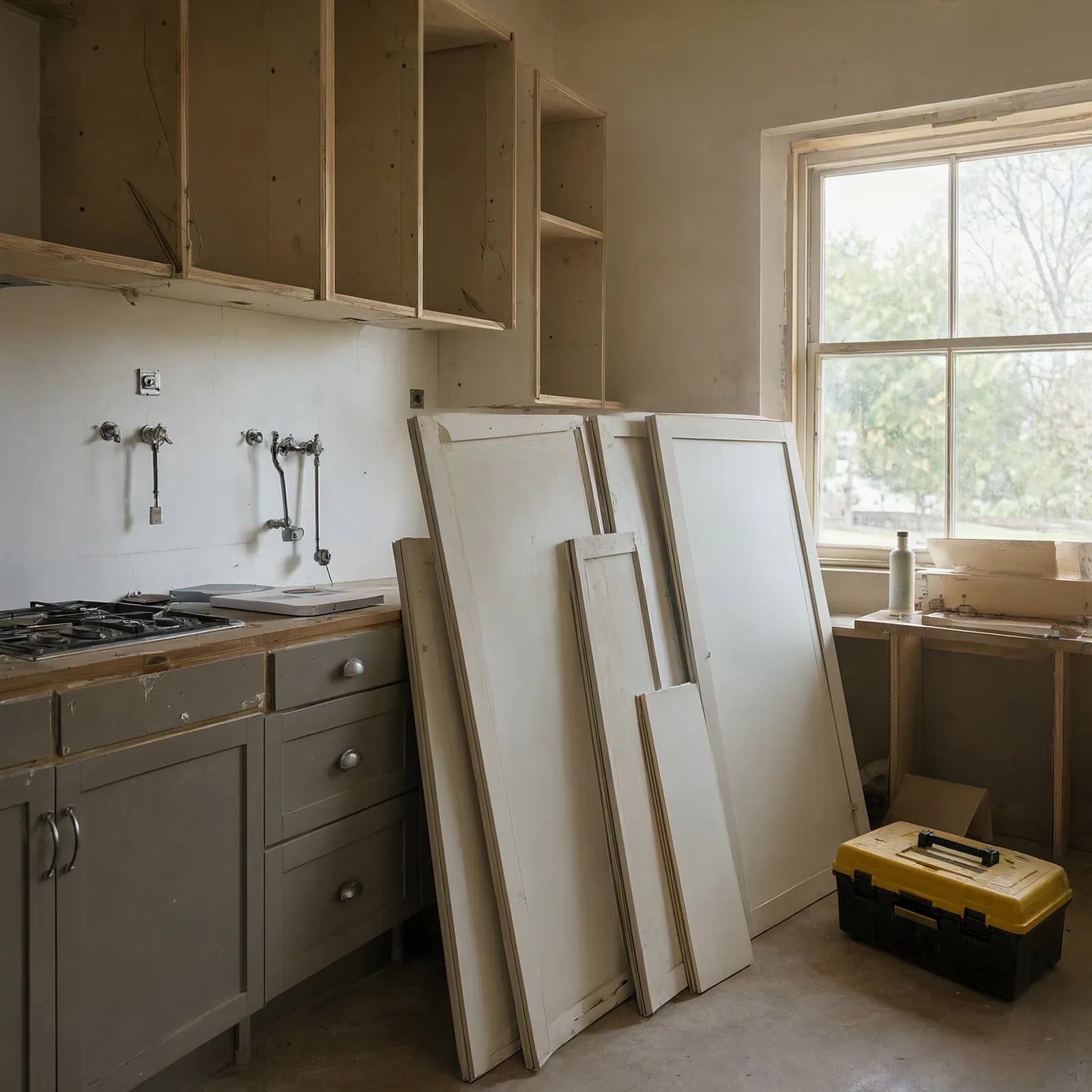 A kitchen mid-refit with new cabinet doors leaning against the counter.