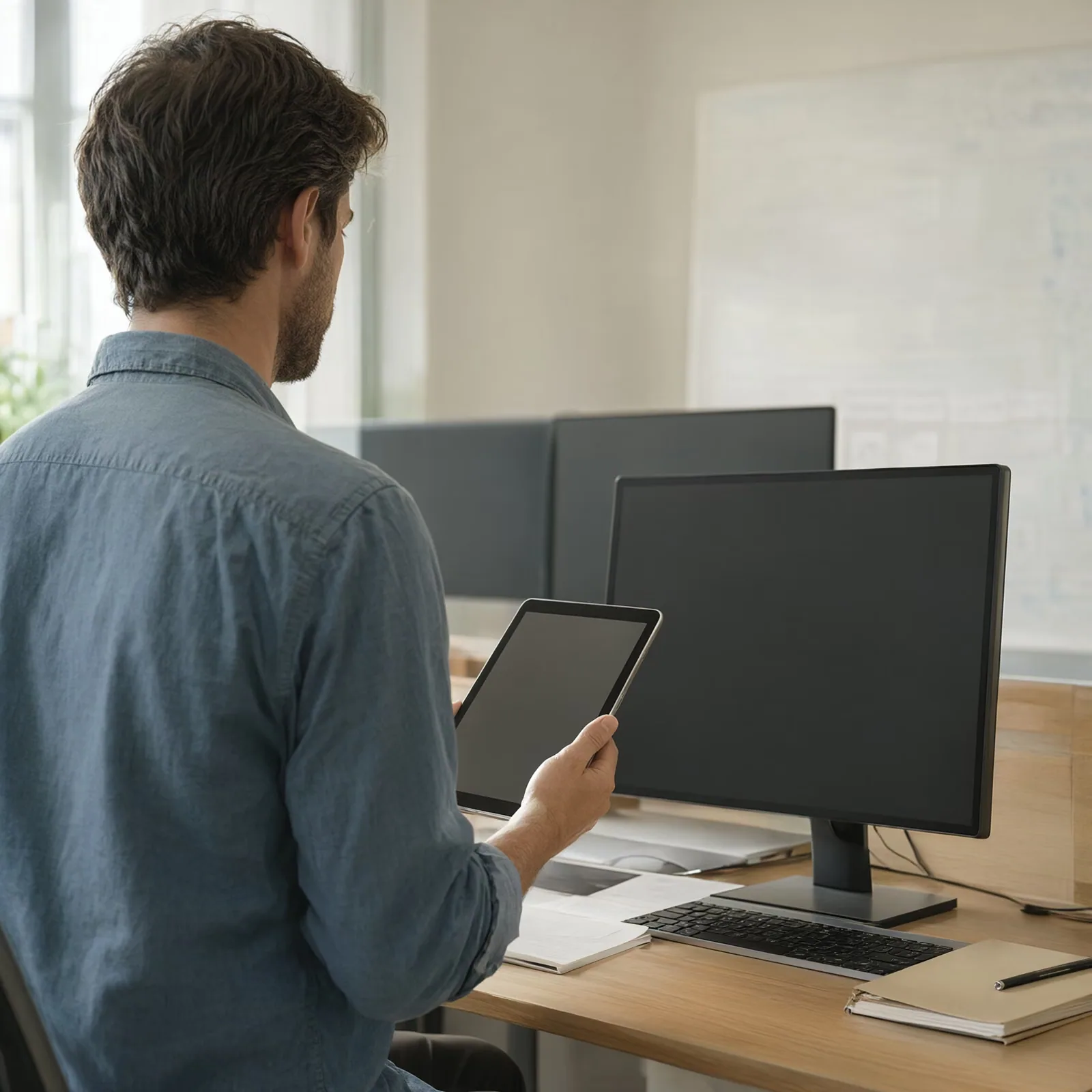 A person at a standing desk reviewing something on a tablet held away from the camera.
