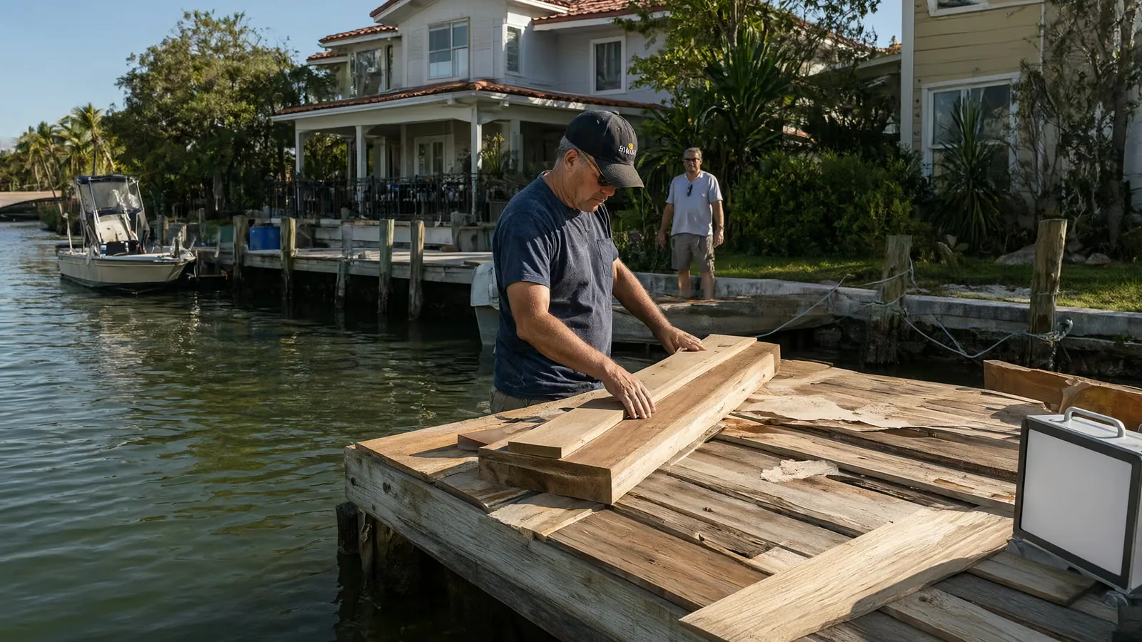 A contractor finishes repairing a wooden dock on a canal behind a Florida home while the owner looks on.
