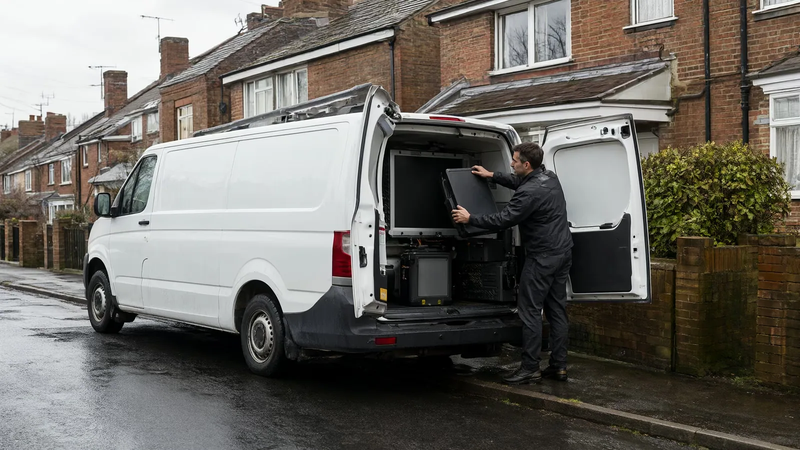 A technician unloads an equipment case from a plain van parked outside a brick house on a cloudy day.