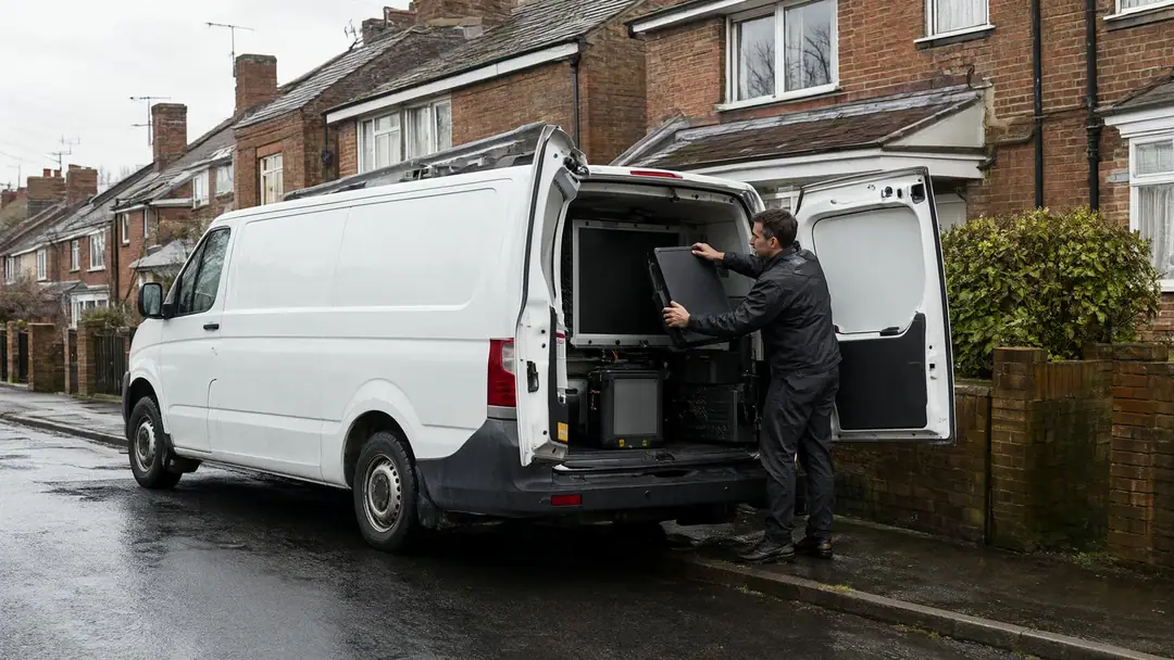 A technician unloads an equipment case from a plain van parked outside a brick house on a cloudy day.