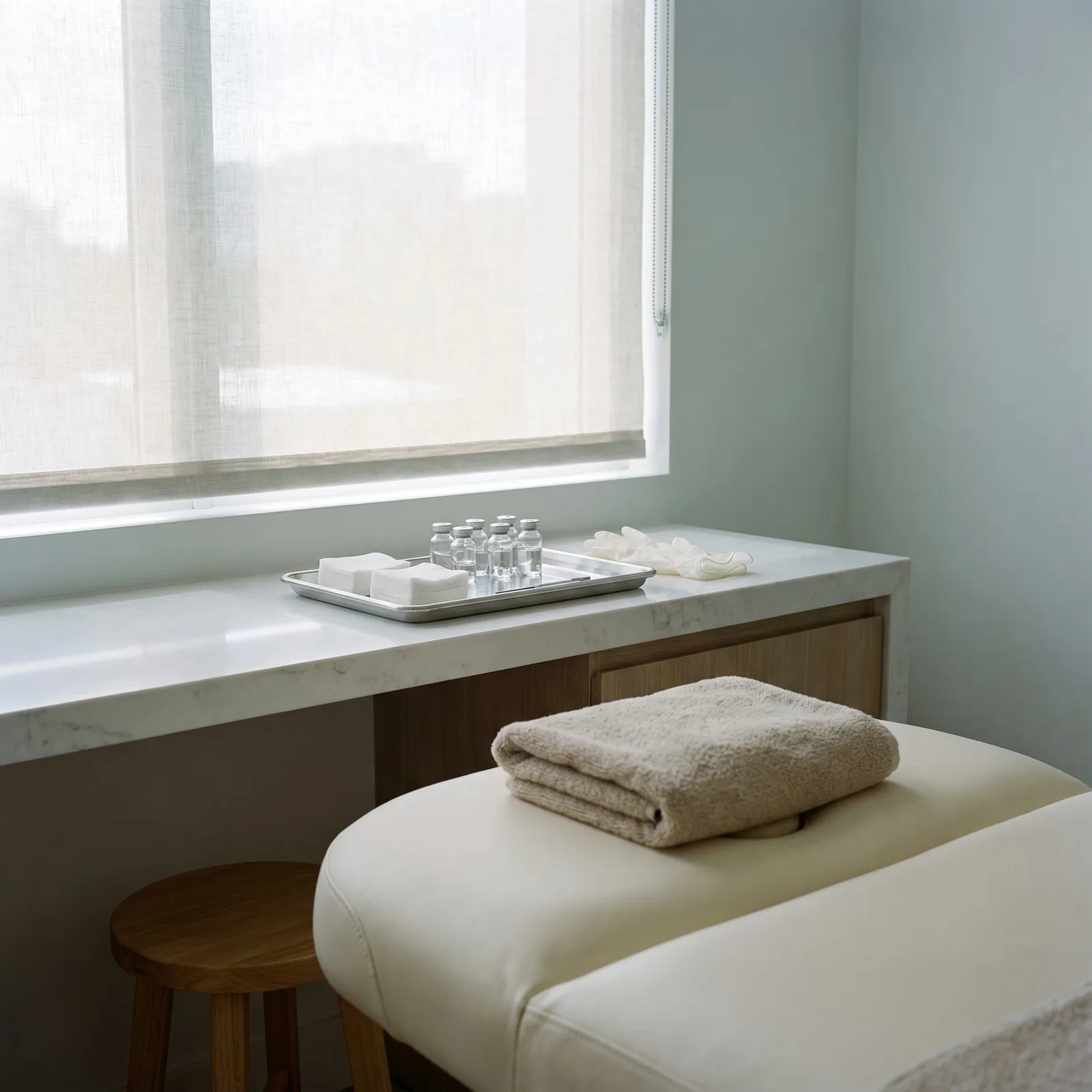 A sterile tray with unlabeled vials and gauze in a softly lit aesthetic treatment room.