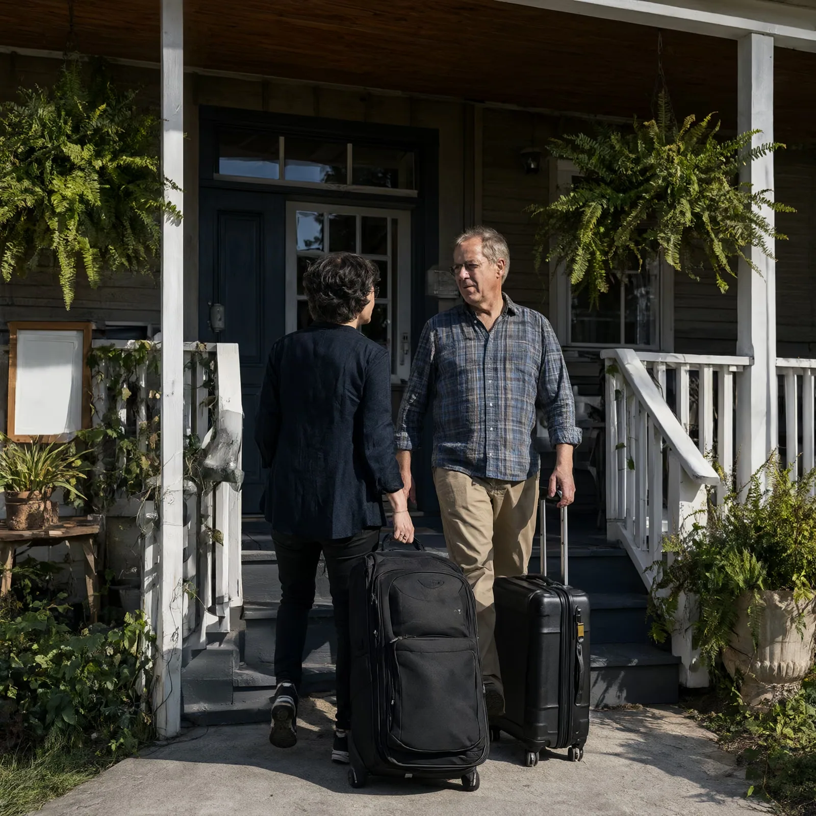 B&B owners greeting arriving guests on their front porch.