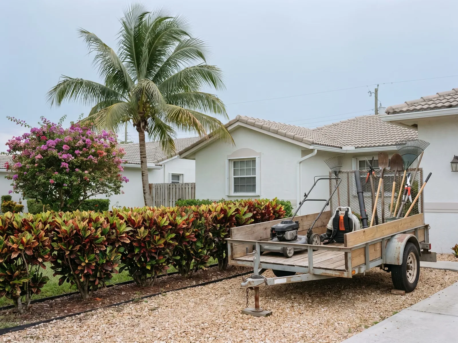 Landscaping equipment on a trailer beside a well-kept South Florida front yard.