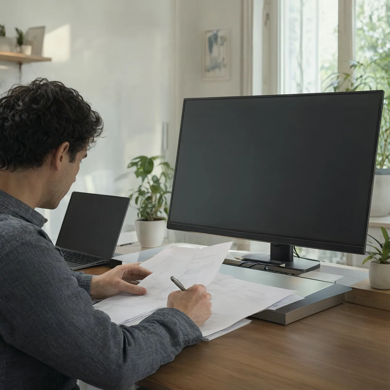 A man at a standing desk marks up printed pages with a pen in a bright home office.