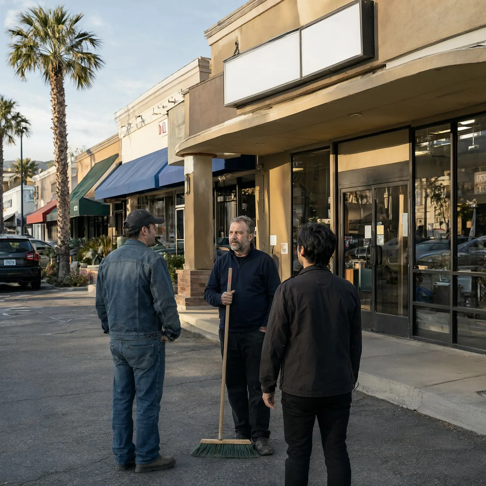 Neighboring shop owners chatting outside their stores in a strip plaza.