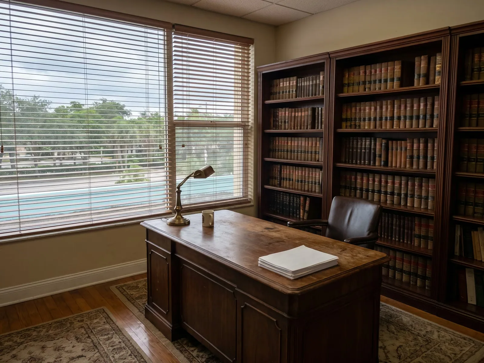 A small Fort Lauderdale law office with shelves of bound legal volumes.