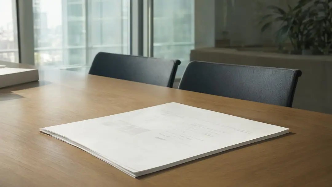 A quiet conference room table with a single printed report left on it.