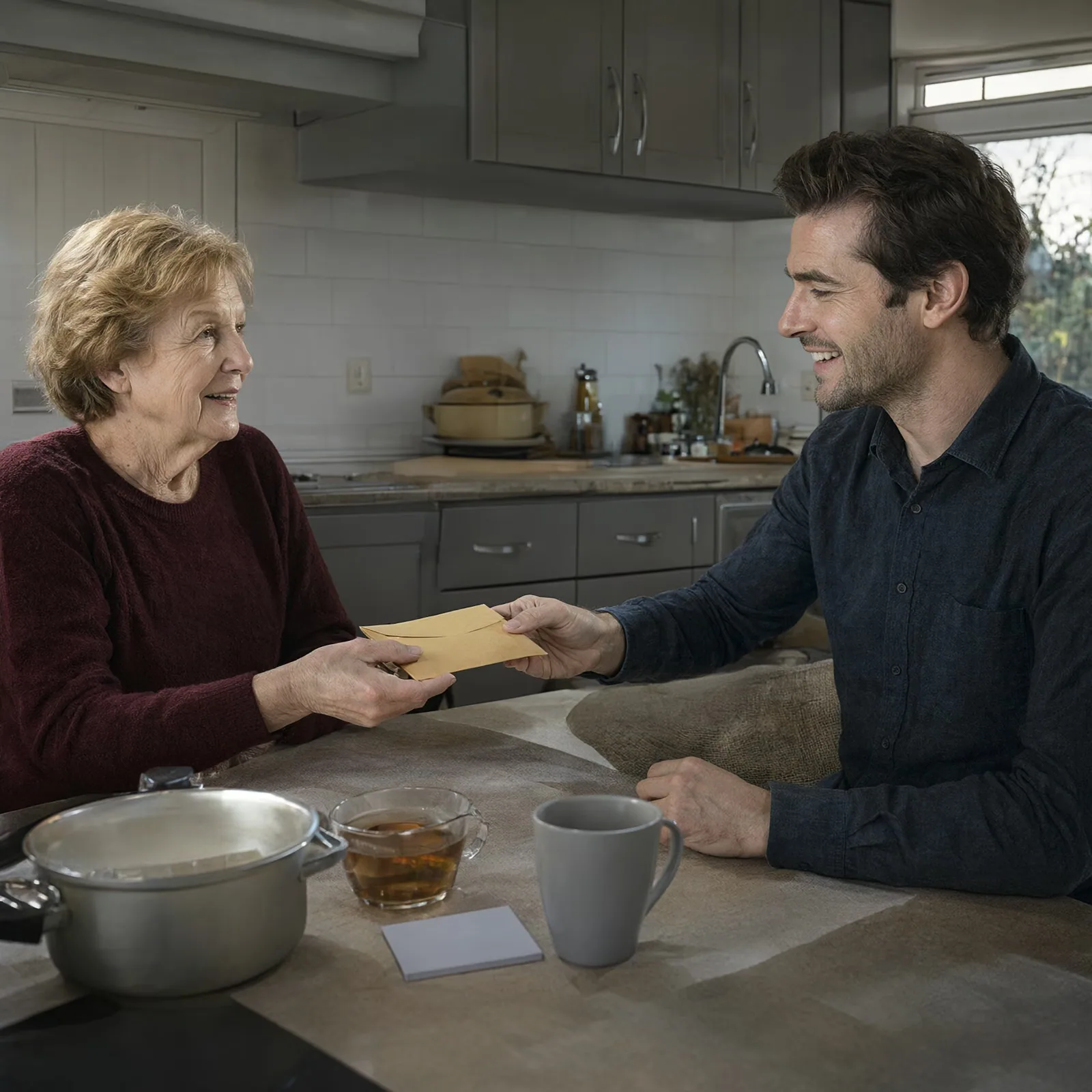 A mother handing her son a small envelope across a kitchen table.
