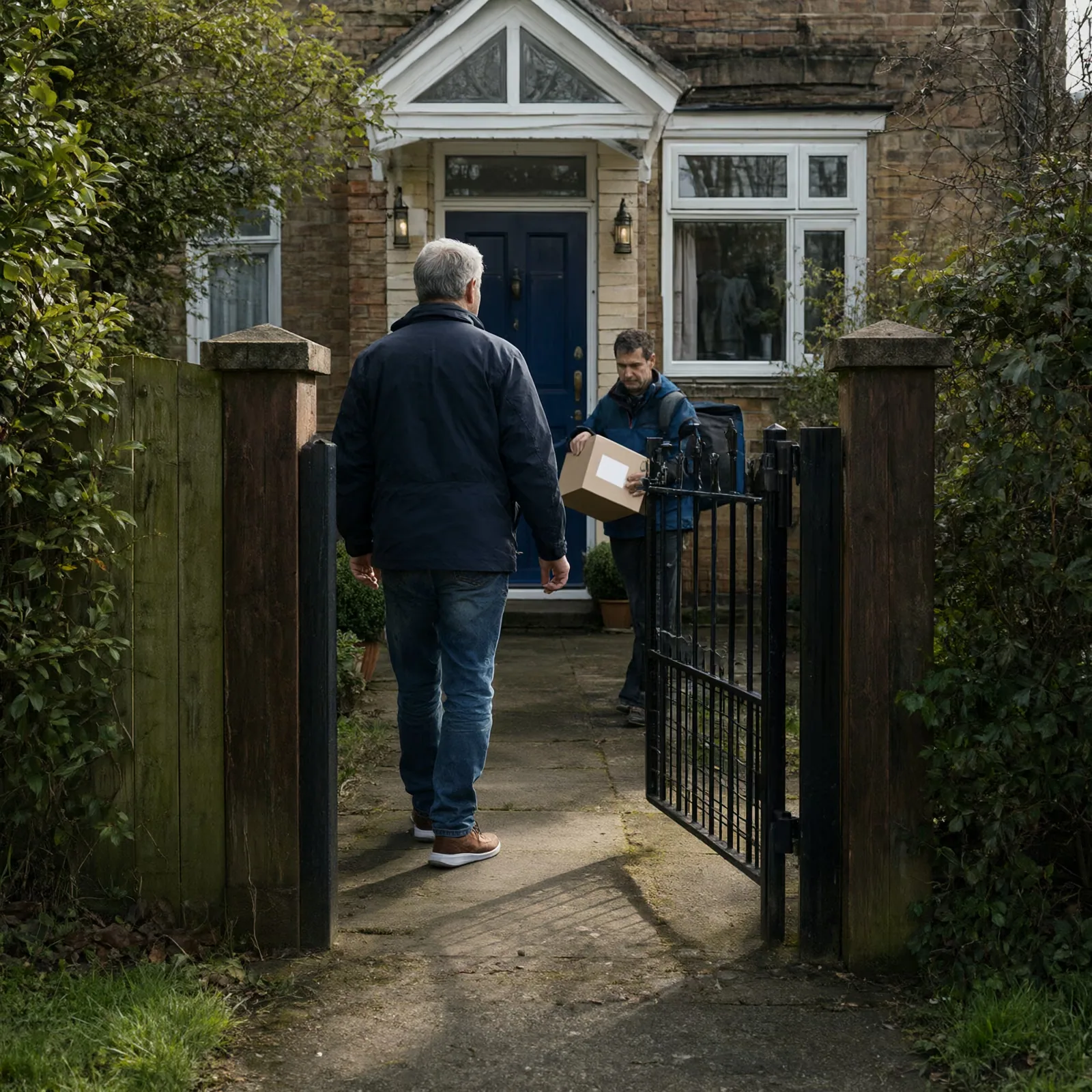 A homeowner walking to his gate to collect a package from a delivery driver.