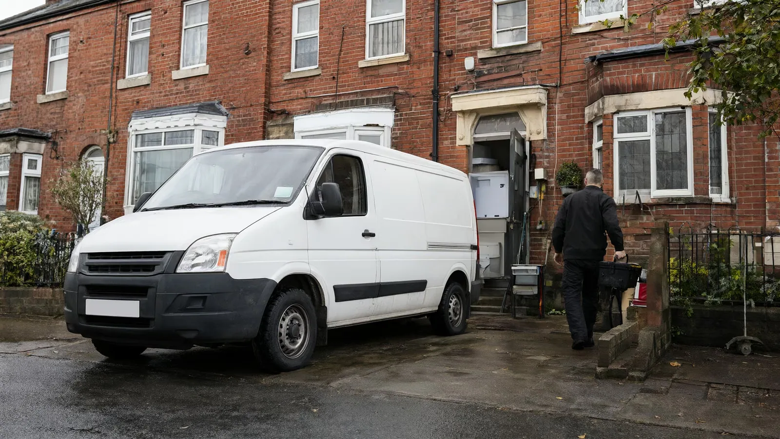 A tradesperson carries a toolbox from a white van toward the front door of a brick terraced house.