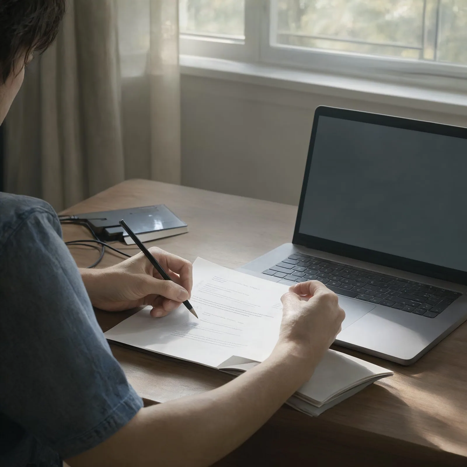 A person in a home office reads a printed draft and marks it with a pencil in morning light.