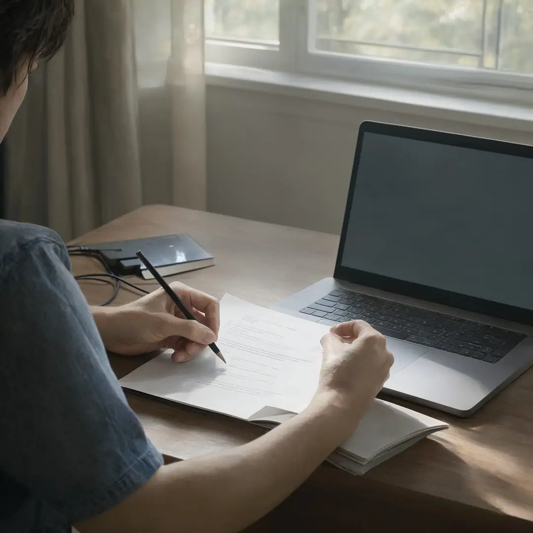 A person in a home office reads a printed draft and marks it with a pencil in morning light.