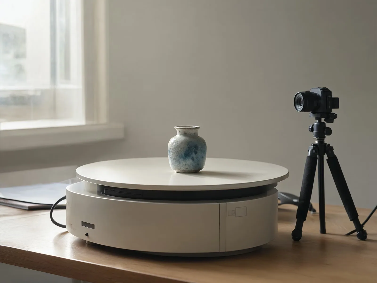 A ceramic vase on a turntable with a camera on a tripod pointed at it, lit by window light.