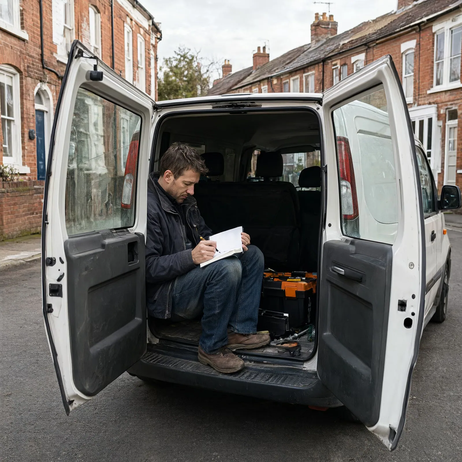 A tradesperson sits in the open door of a work van on a residential street, writing in a small notebook.