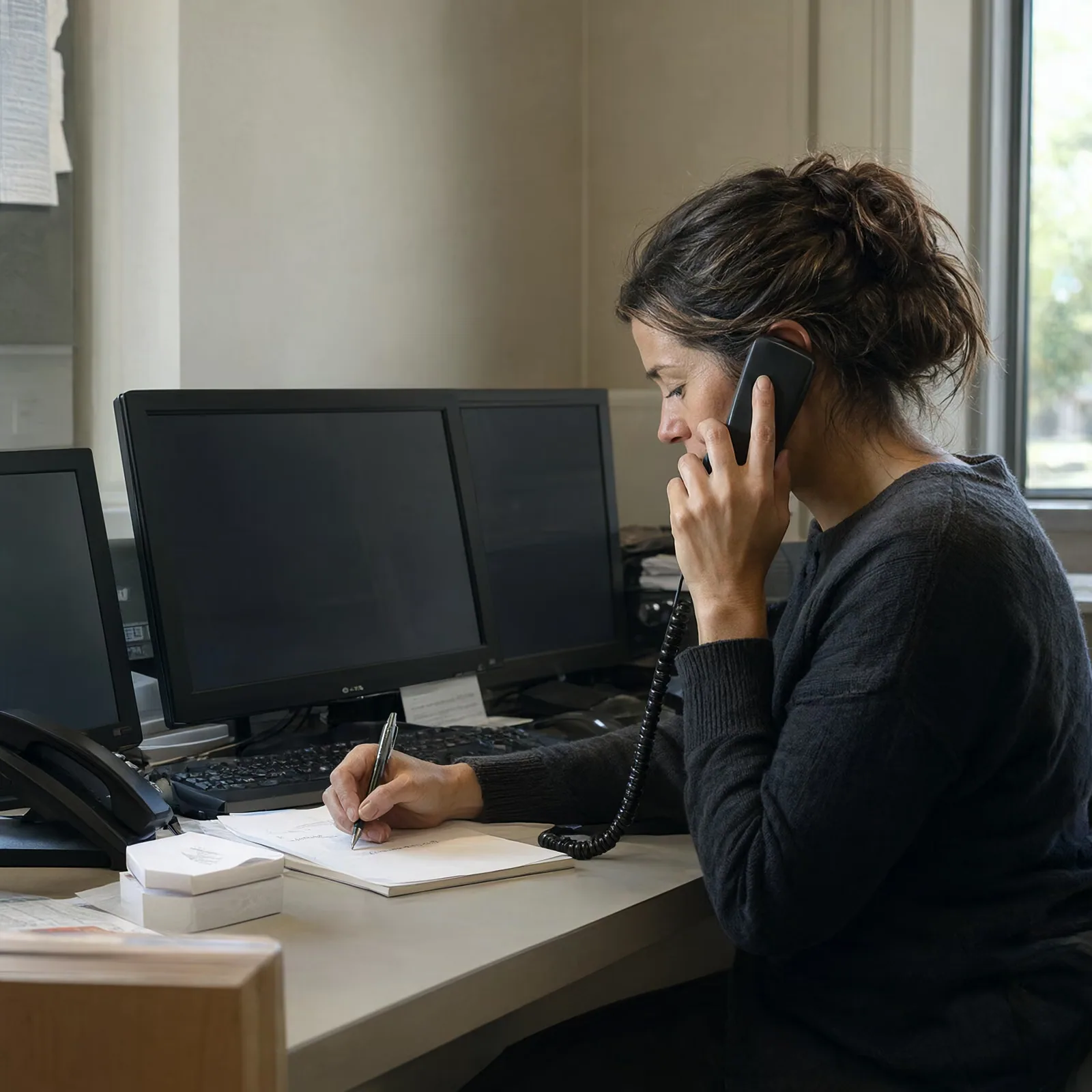 A woman at an office front desk taking a phone call and writing a note.