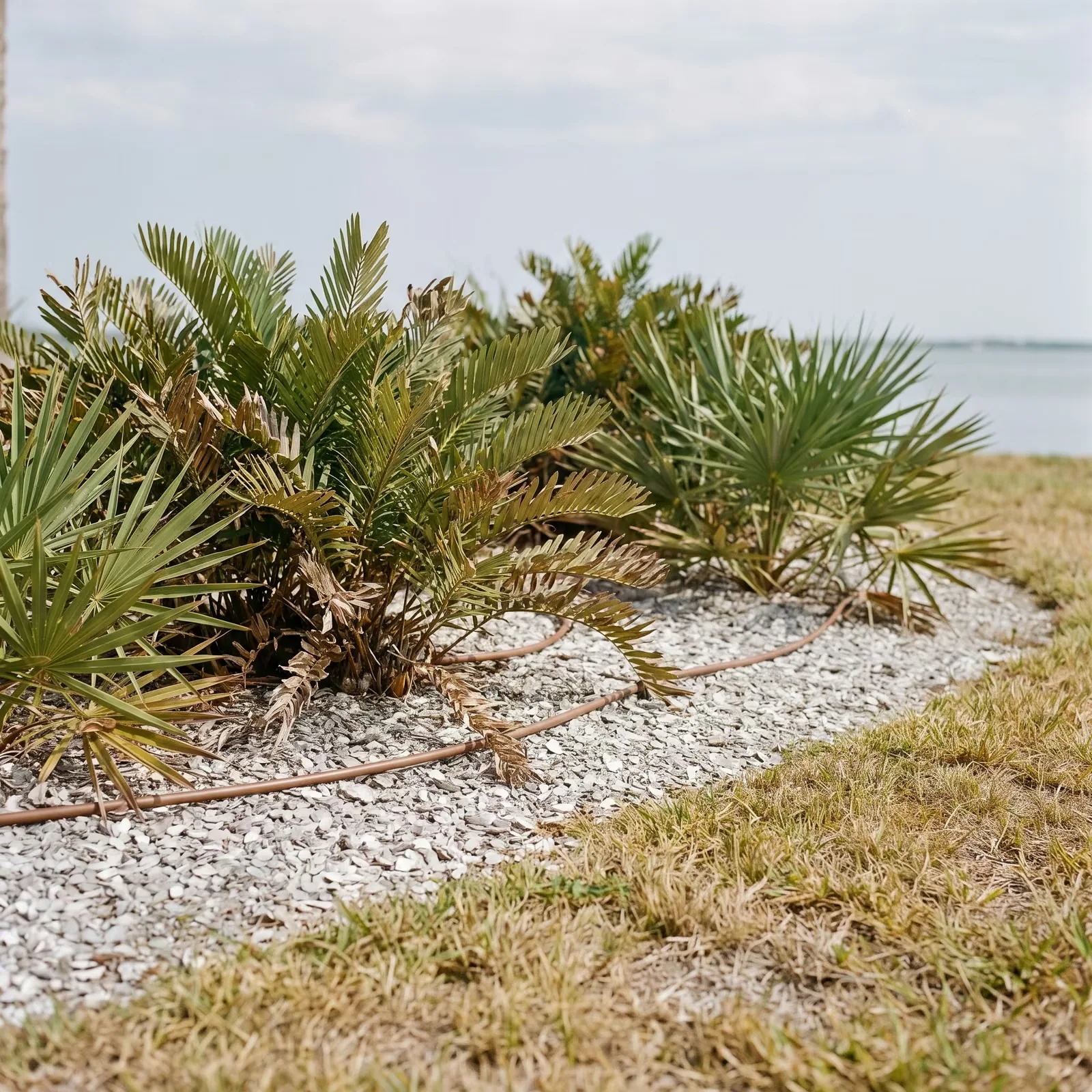Drought-tolerant native plants with drip irrigation in a dry South Florida yard.