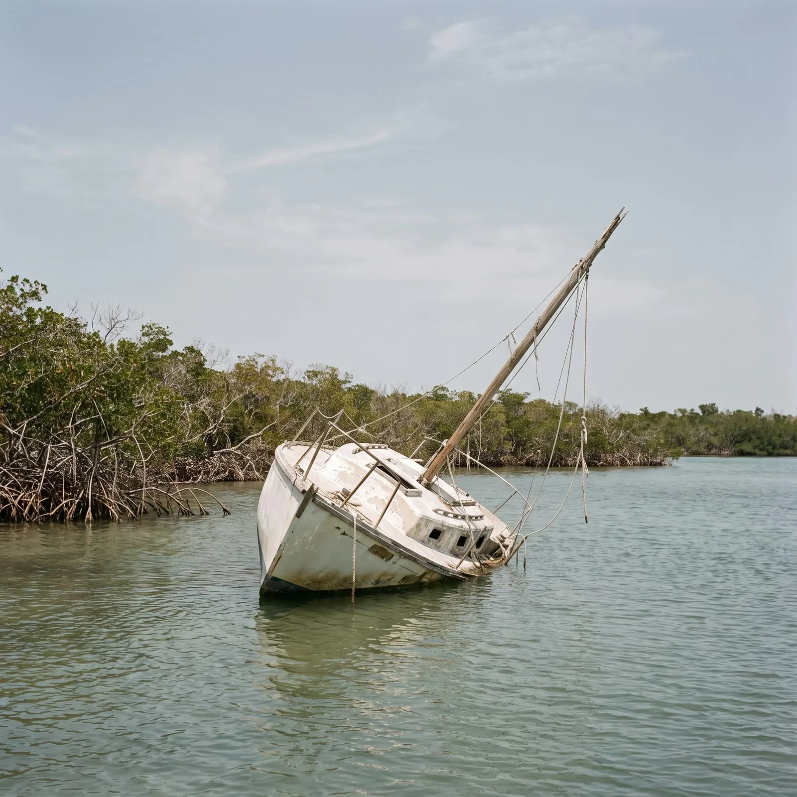 An abandoned sailboat anchored in shallow water in the Florida Keys.