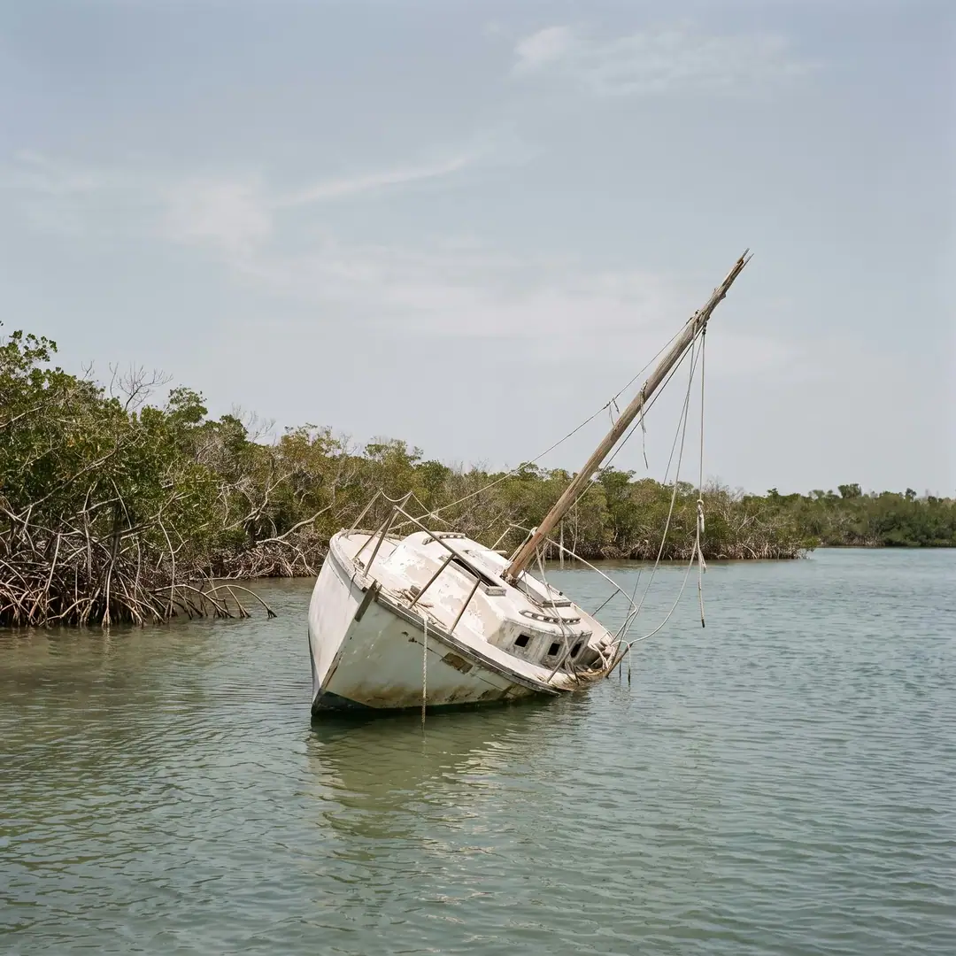 An abandoned sailboat anchored in shallow water in the Florida Keys.