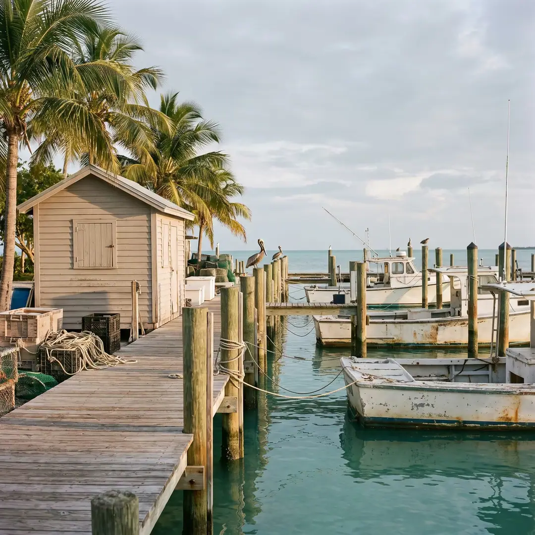 A small marina business on a weathered dock in the Florida Keys with fishing boats moored in turquoise water.